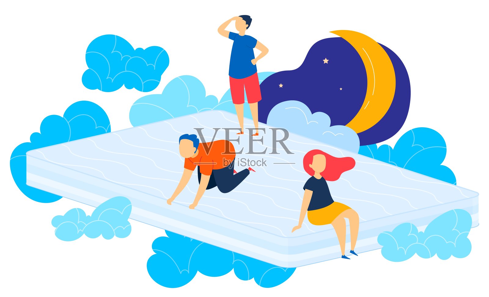 睡眠床垫，夜晚放松，睡眠时间舒适，梦躺休眠，强睡眠，设计，卡通风格矢量插图。插画图片素材