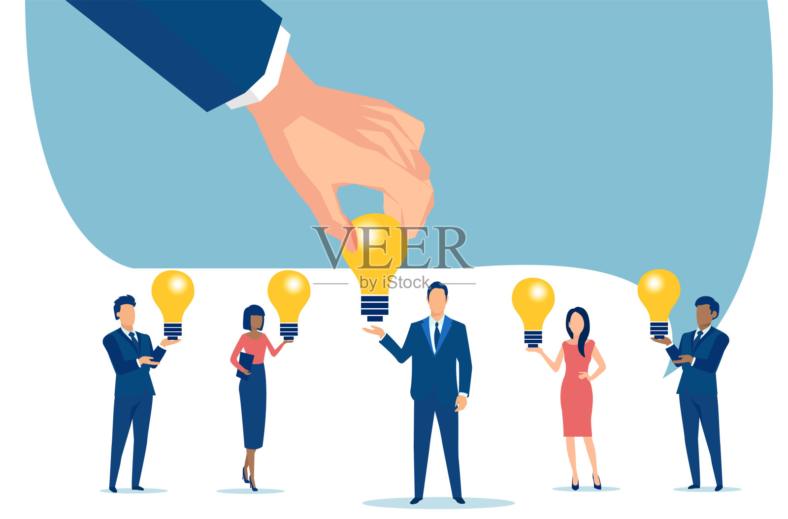 一个商人从公司员工手中挑选创意灯泡的向量插画图片素材