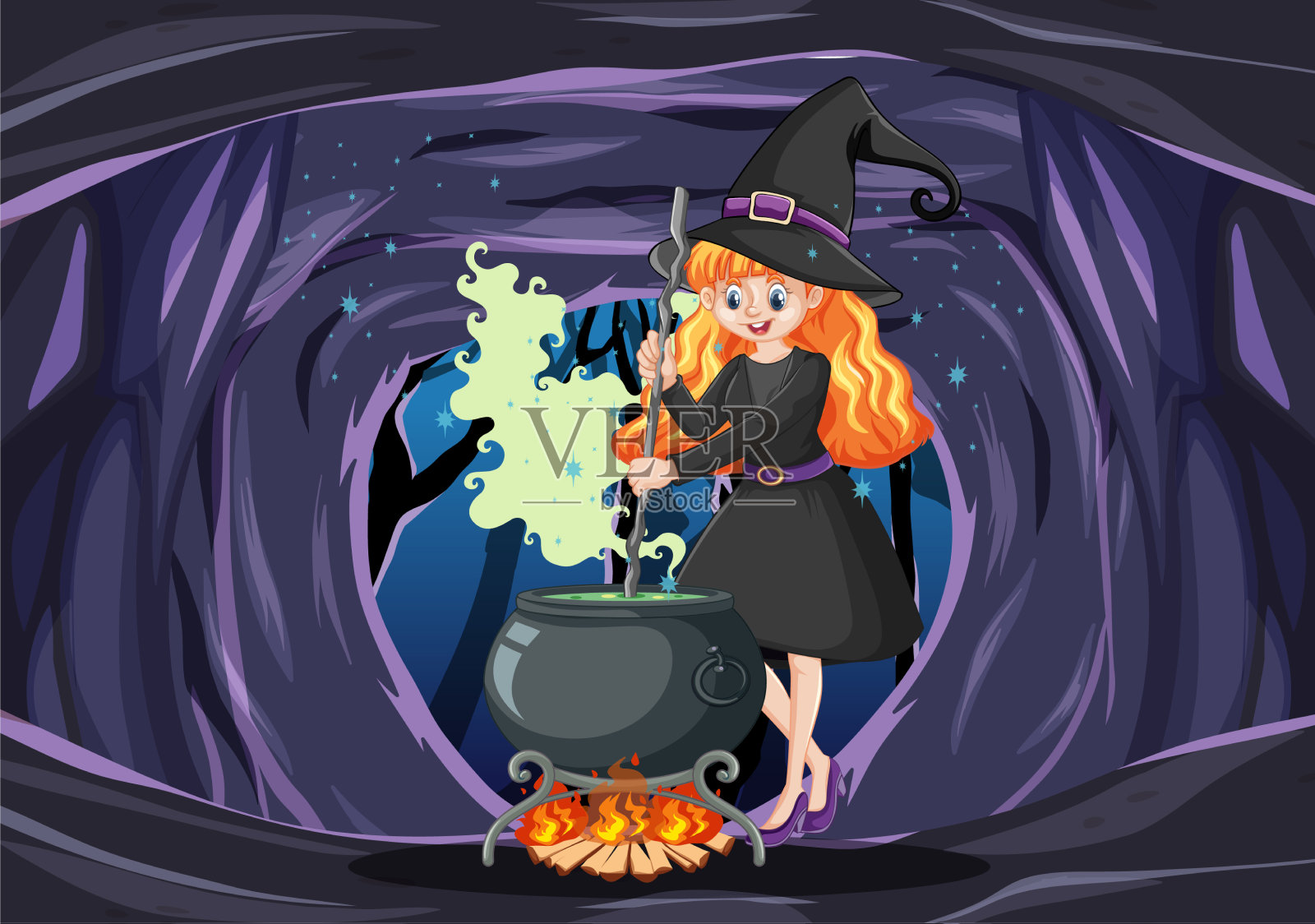 女巫用黑色魔法锅上的黑色卡通风格插画图片素材