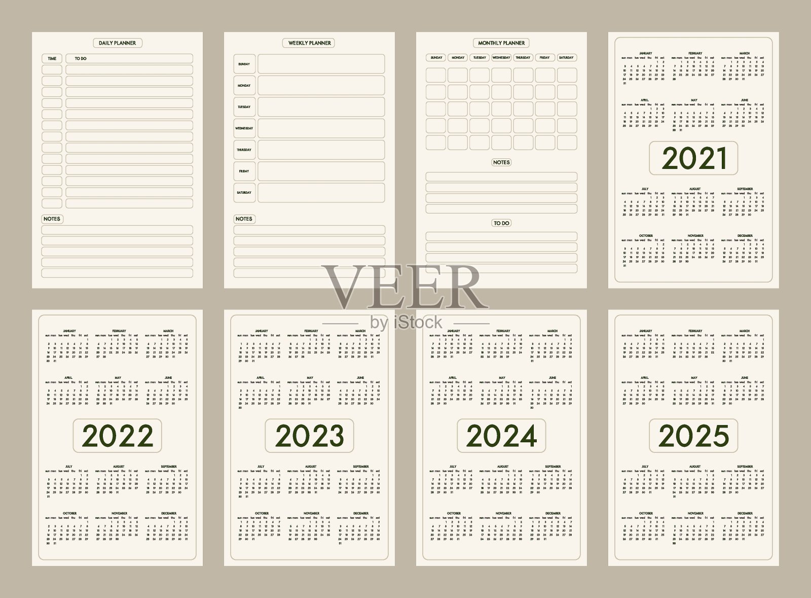 2022 2023 2024 2025日历每日每周每月个人计划日记模板极简时尚风格，淡色米色橄榄自然调色板。星期从星期日开始设计模板素材