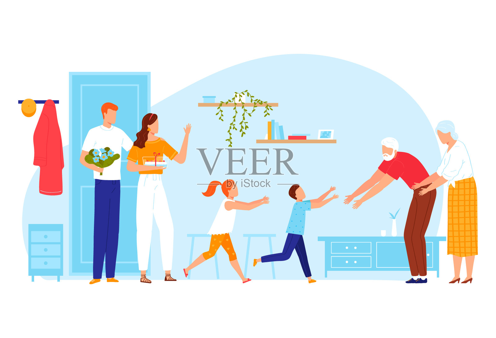 祖父母在家与父母、女孩团聚矢量素材插画图片素材