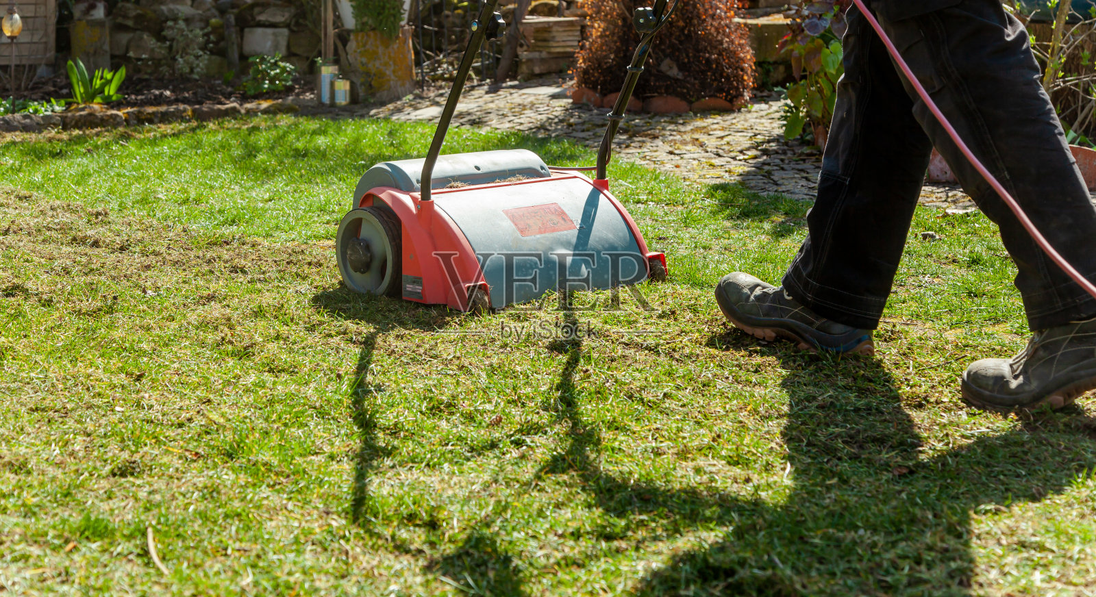 在花园中使用松散机，提高春季草坪的质量。男工人男，园丁在草坪上操作土壤通气机。用松紧器充气。照片摄影图片