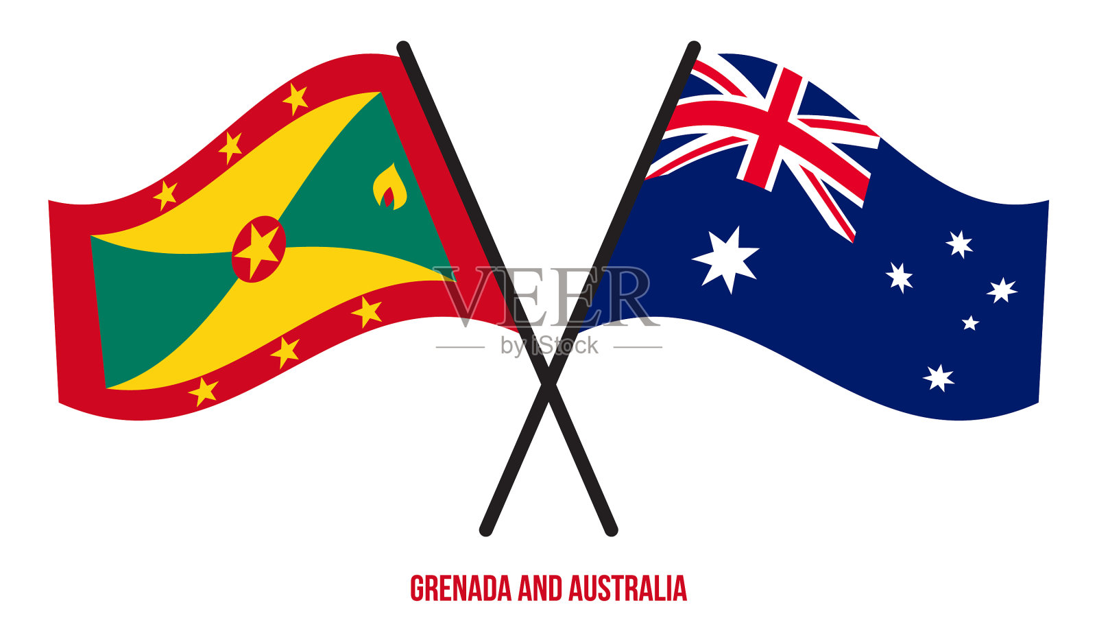 格林纳达和澳大利亚的国旗交叉挥舞插画图片素材