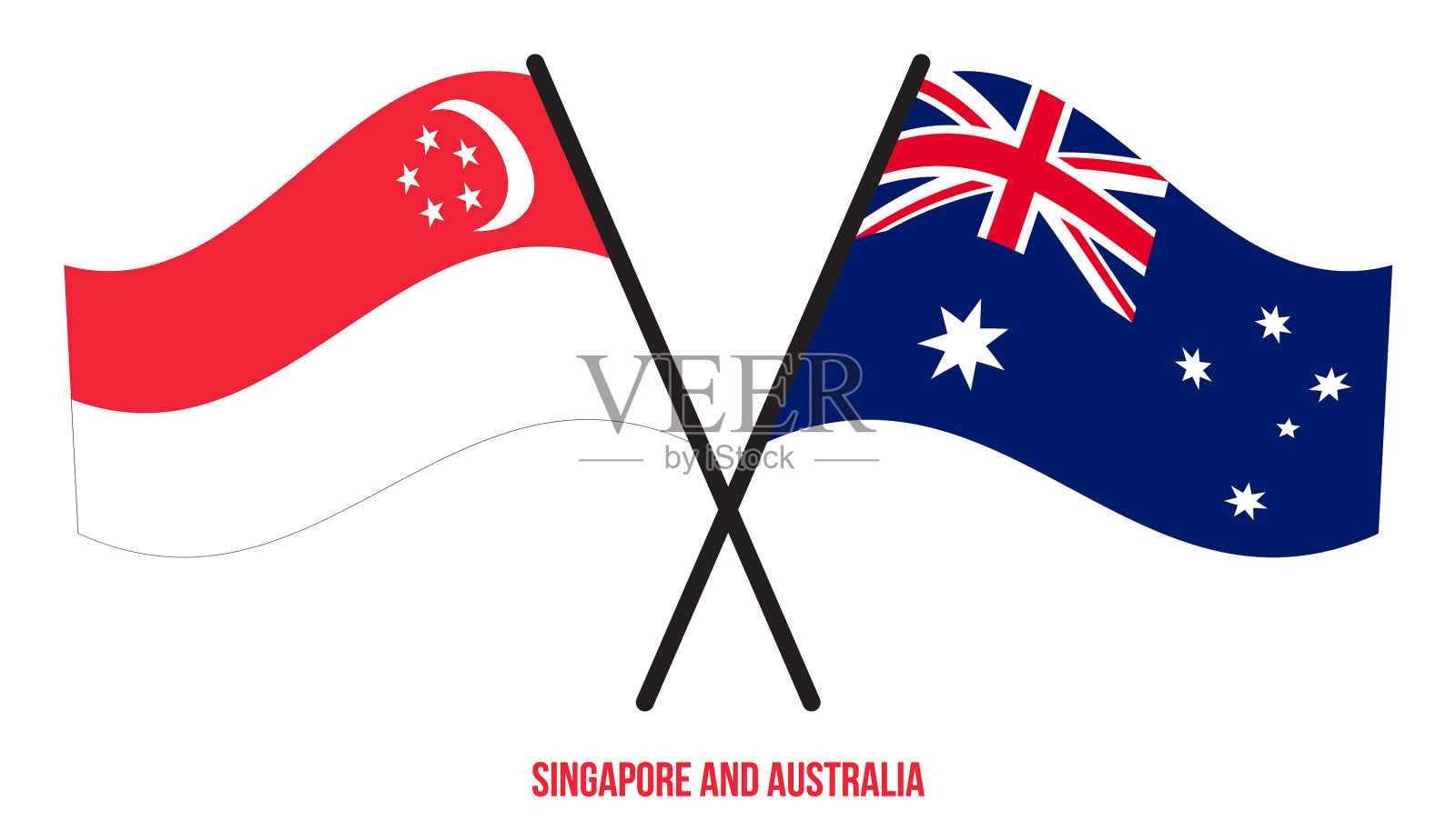 新加坡和澳大利亚的国旗交叉挥舞插画图片素材