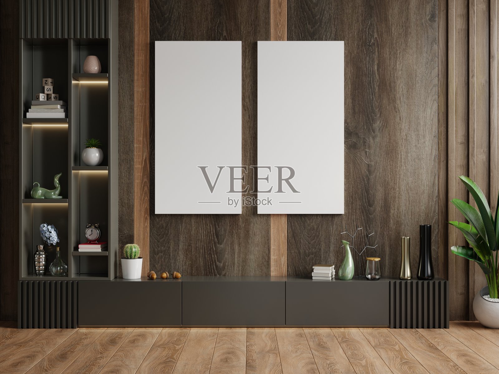 海报模型与垂直框架在客厅内部空的深色木墙与橱柜。照片摄影图片