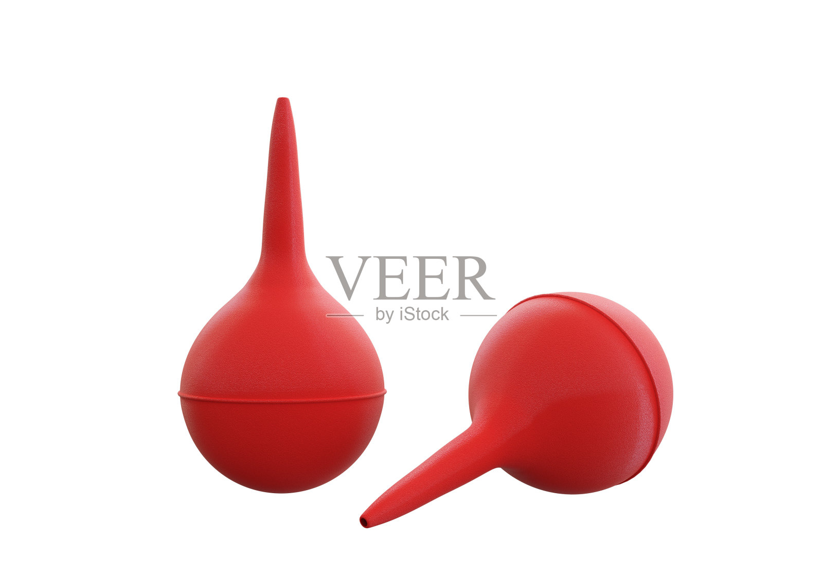 红色橡胶球注射器隔离在白色背景。鼻吸气器。照片摄影图片