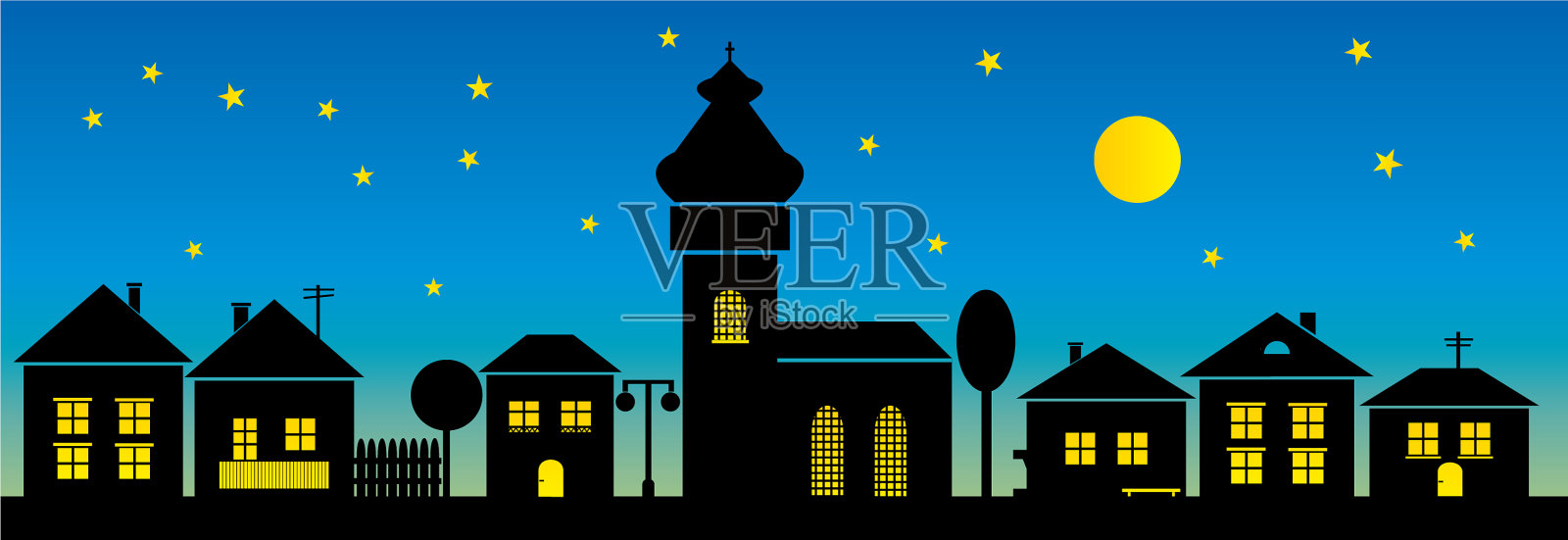 城镇黑色剪影的蓝色背景插画图片素材