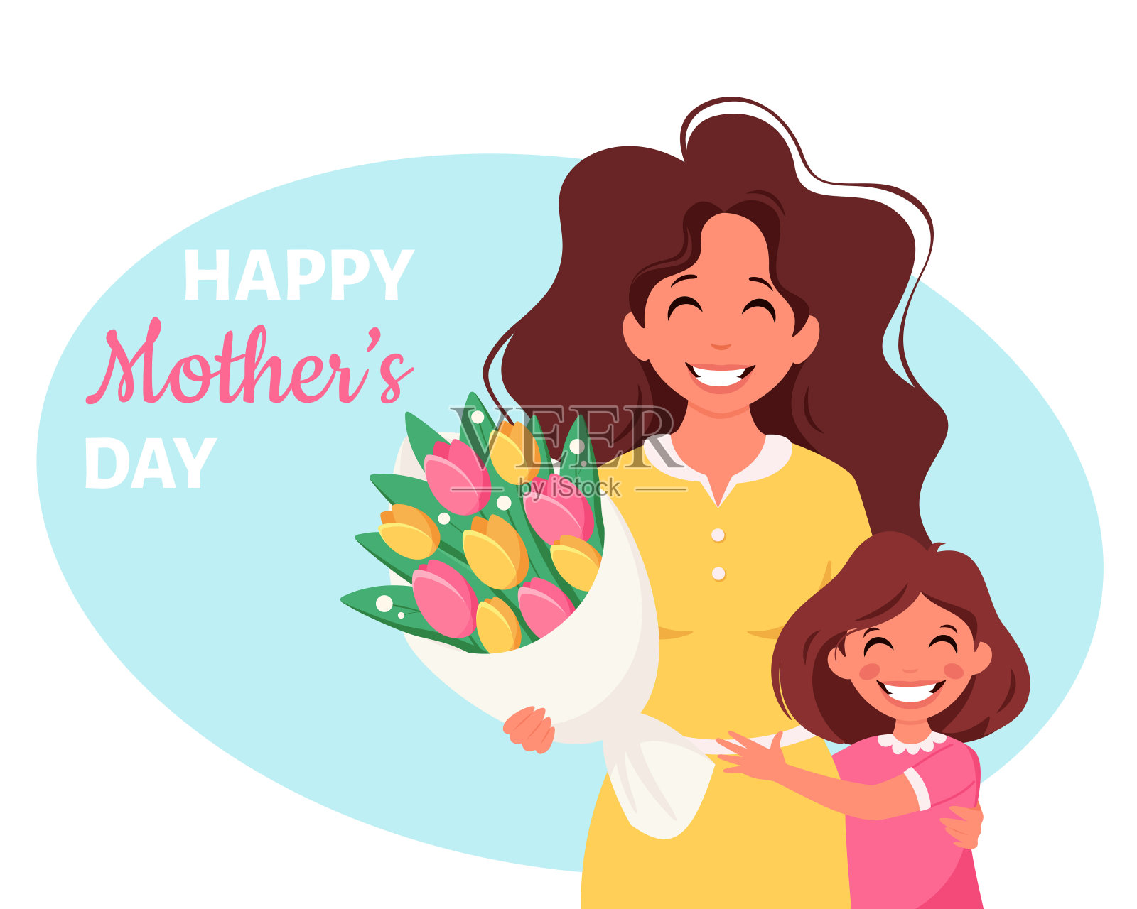 母亲节贺卡。带着一束花和女儿的女人。矢量图插画图片素材