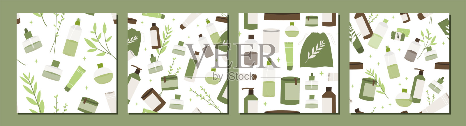 顺势疗法、物理疗法。补充，替代，综合，整体医学。天然有机草本植物。药剂师瓶子。矢量平面卡通插图，无缝图案插画图片素材