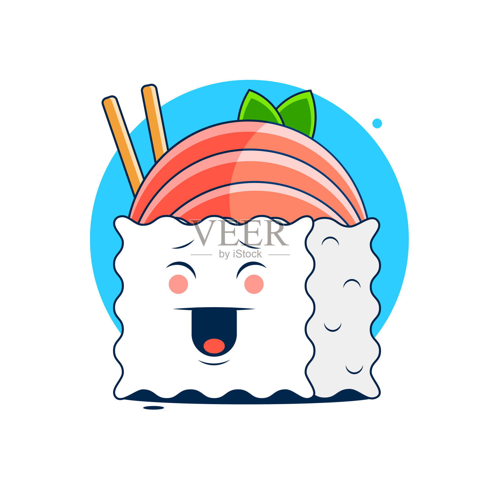 筷子夹寿司卷。小吃概念，寿司，异域营养，寿司餐厅，海鲜。孤立在白色背景上。平面风格趋势现代标识设计插画图片素材