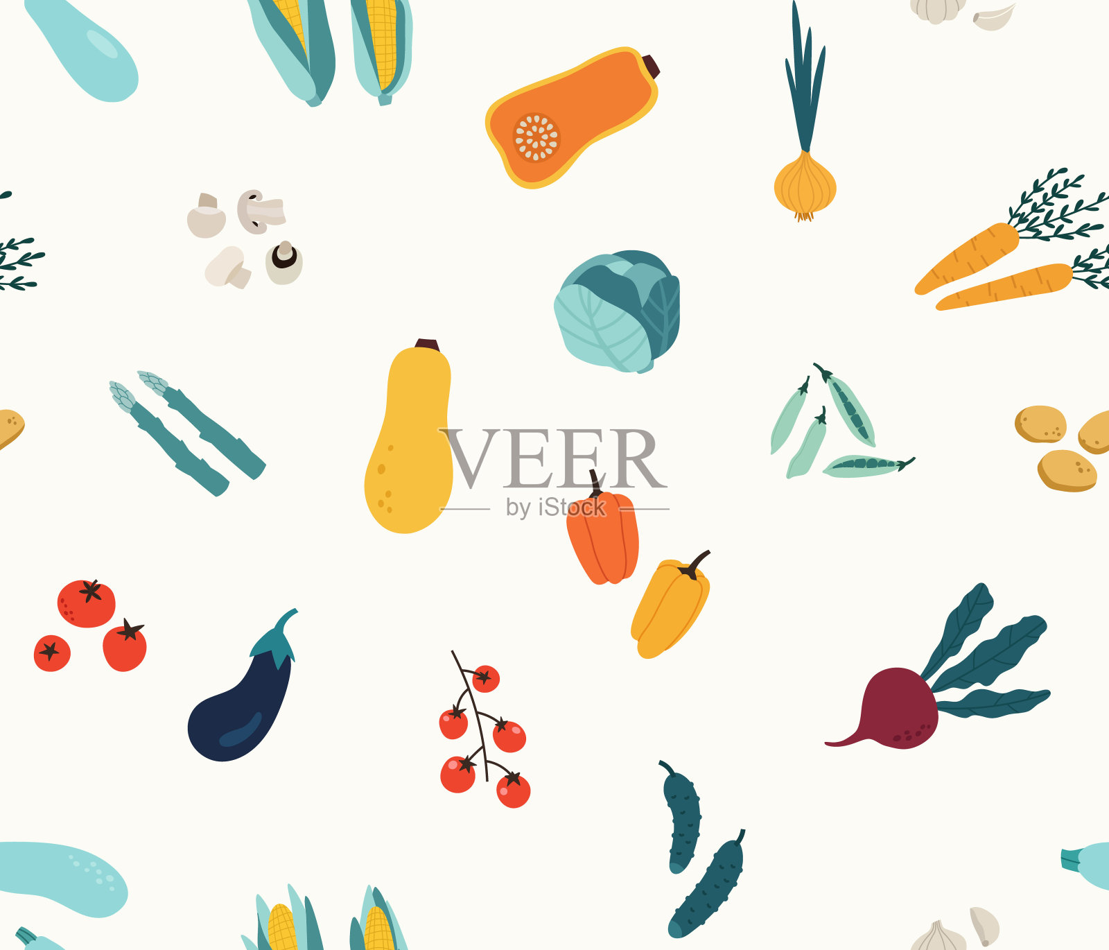 无缝图案手绘彩色蔬菜，孤立在米色背景。插画图片素材