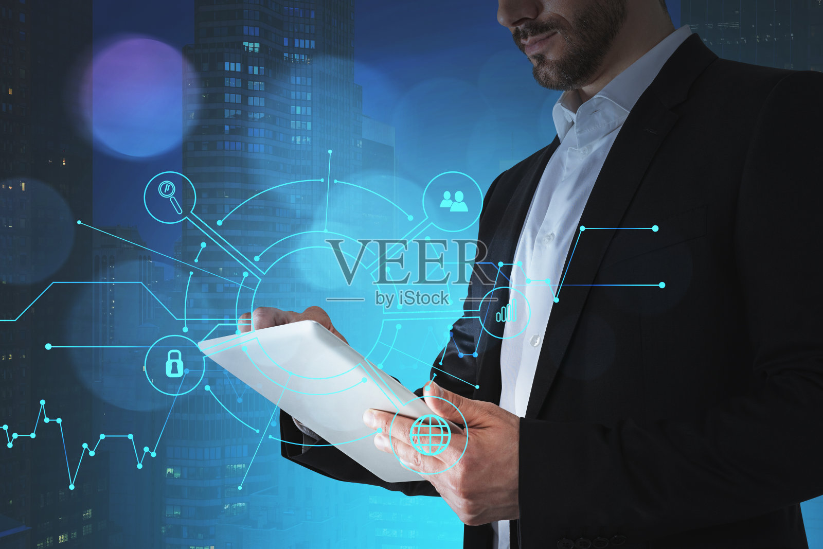 平板电脑双重曝光，网络全息图照片摄影图片