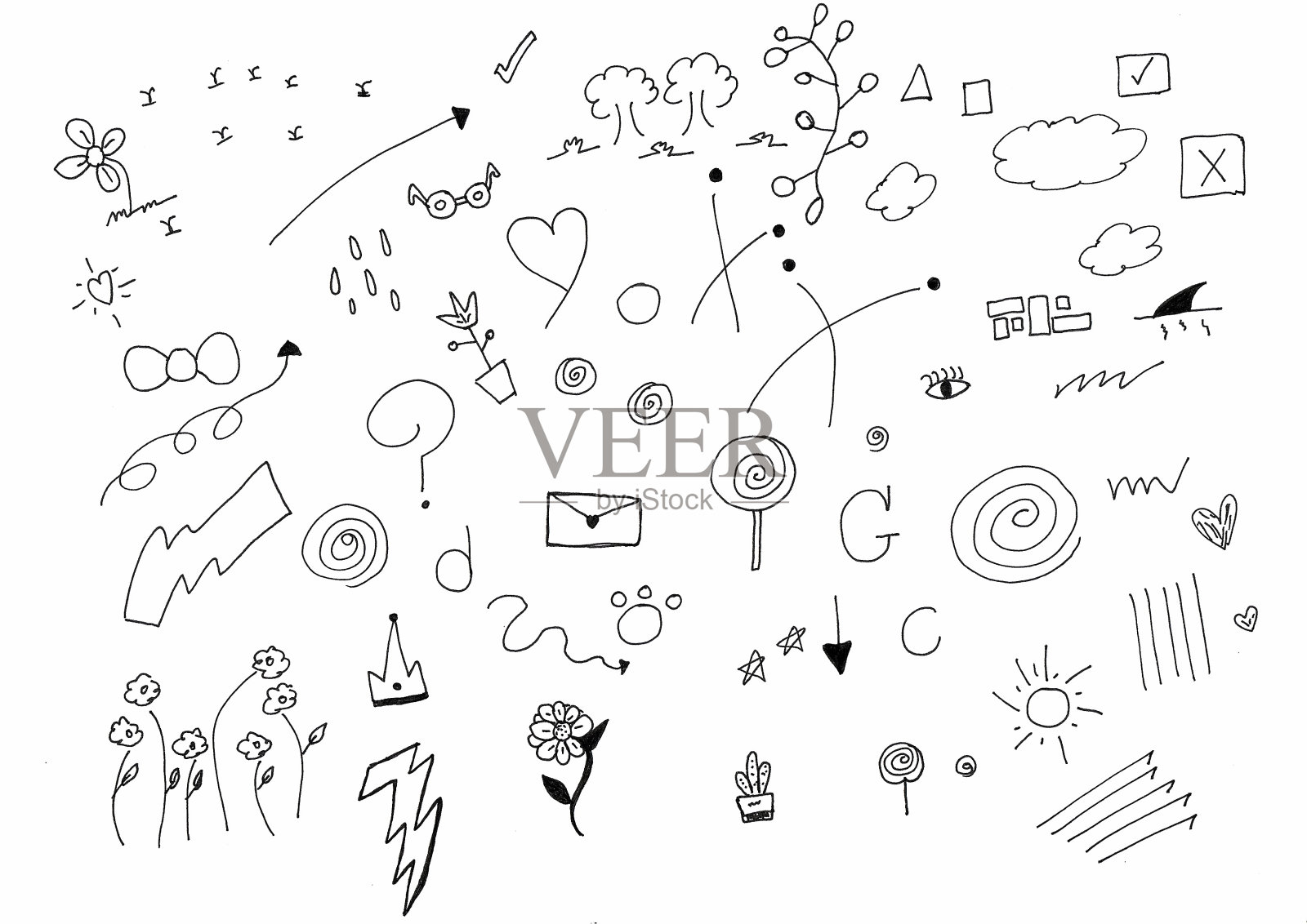 用黑色钢笔在白纸上手绘。涂鸦设计插画图片素材