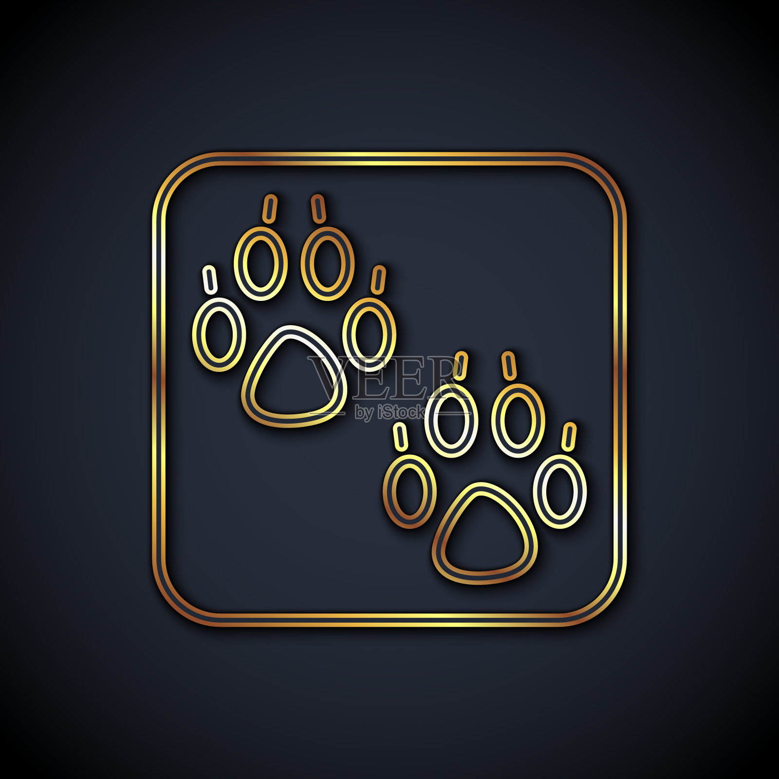 金色线爪印图标孤立在黑色背景。狗或猫的爪印。动物跟踪。向量插画图片素材