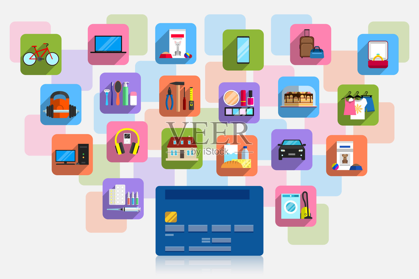 银行塑料卡和大量的商品图标周围图标素材