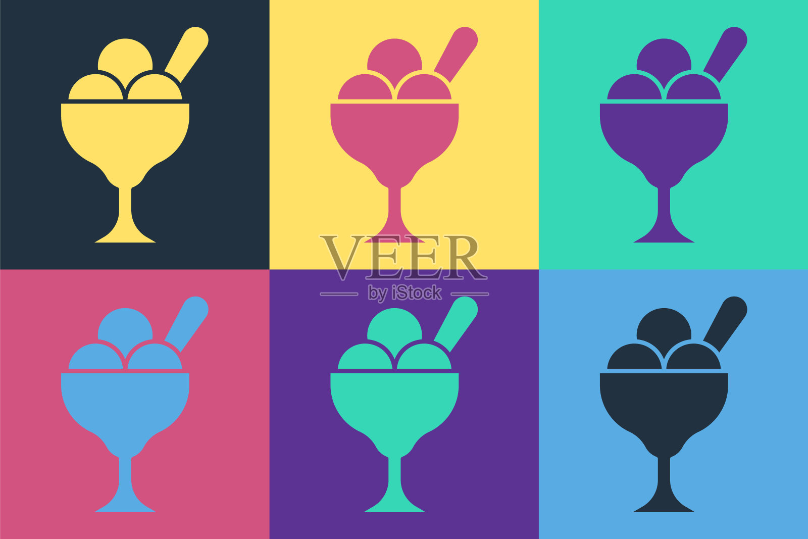 波普艺术冰淇淋碗图标孤立在彩色背景上。甜蜜的象征。向量插画图片素材