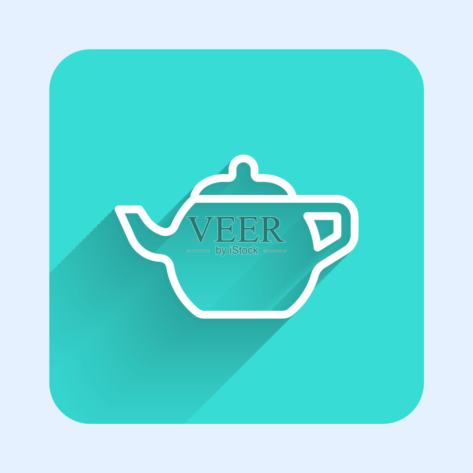 中国传统茶道图标孤立有长长的阴影。茶壶和杯子。绿色广场按钮。向量插画图片素材