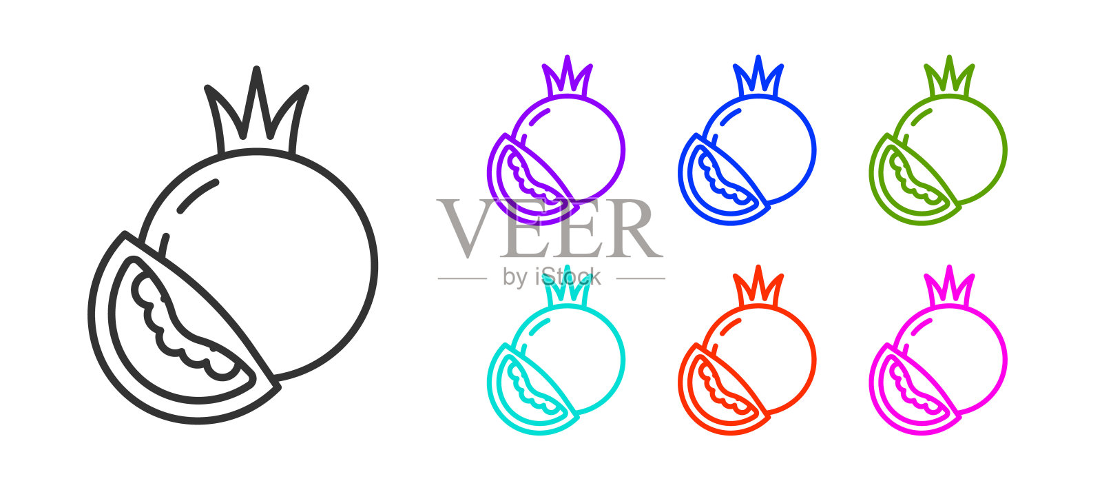 黑线番茄图标孤立在白色背景。设置图标丰富多彩。向量插画图片素材