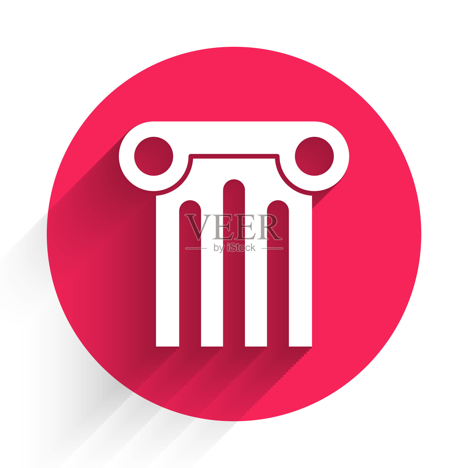 白色古老的柱图标孤立与长影子。红色圆圈按钮。向量图标素材