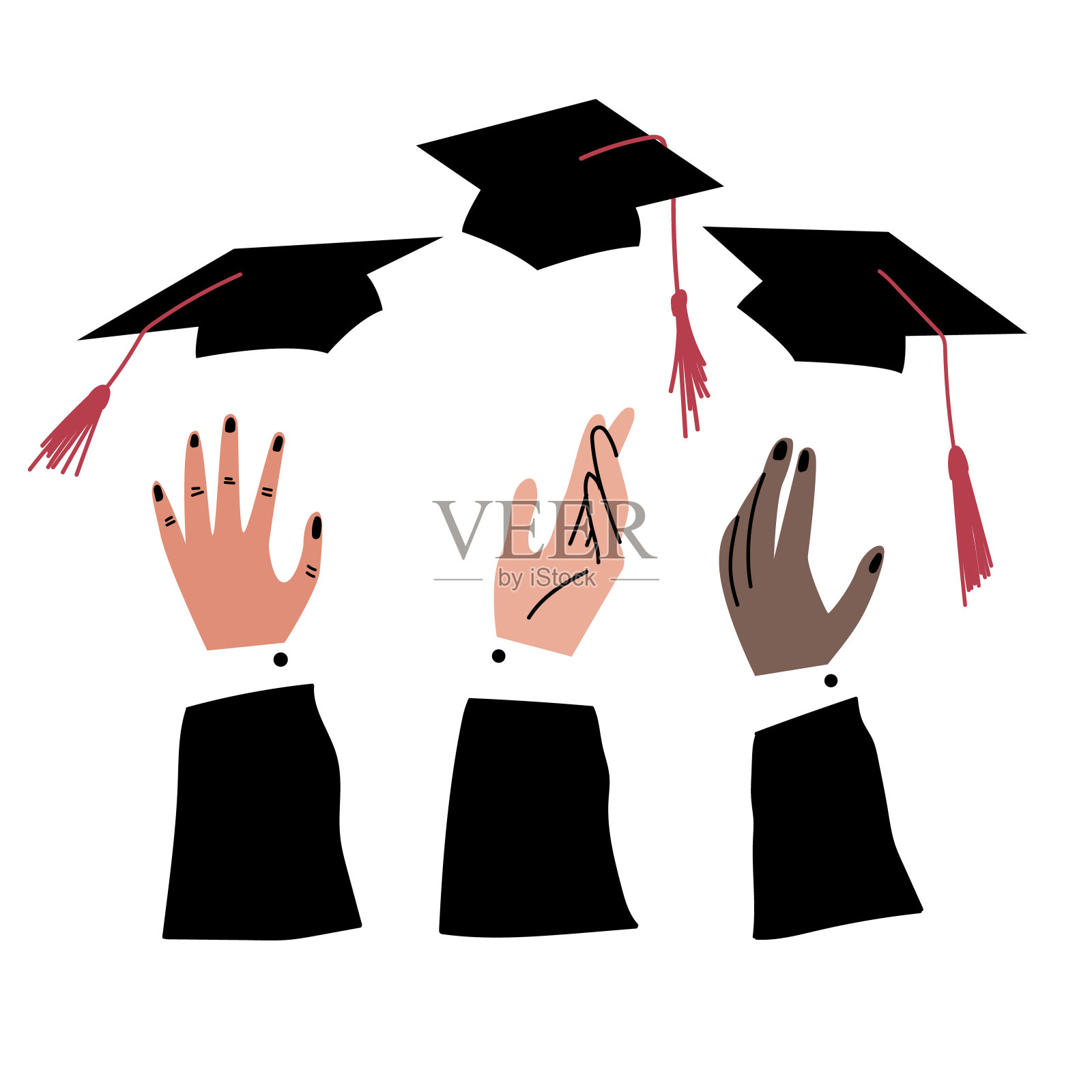 学生们用不同的手把有流苏的帽子抛起来。大学毕业。插画图片素材