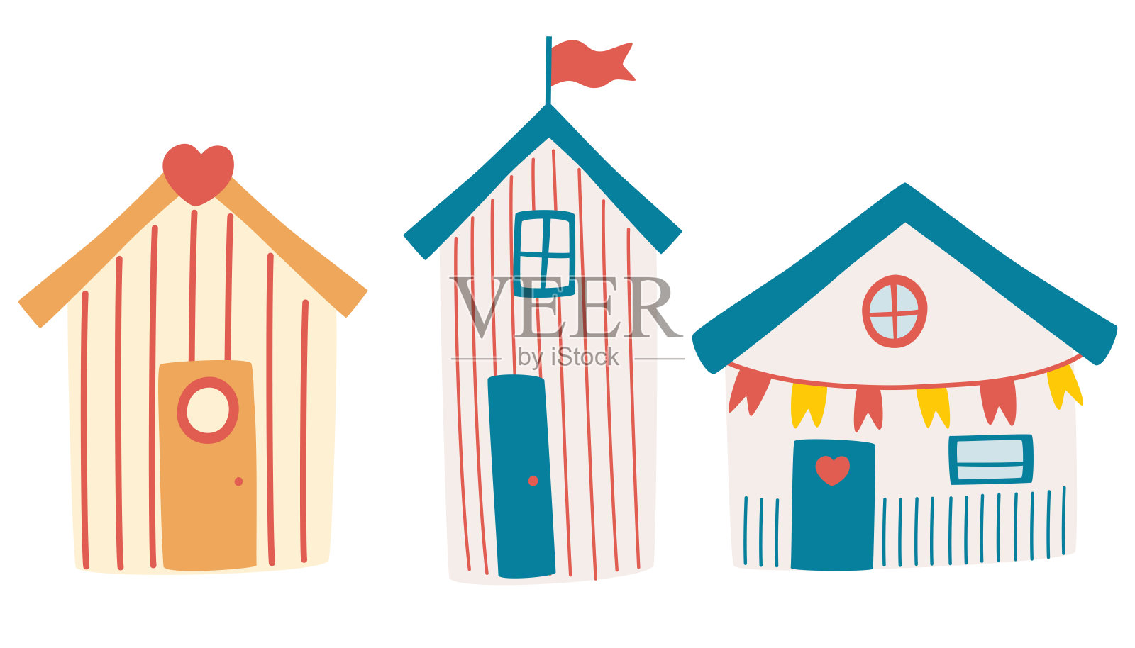 一套海滨别墅。海滨小屋的夏日卡片。不同外观的海滩平房酒店。在海边度假的特点。装饰，卡片，传单。卡通矢量插图。设计元素图片