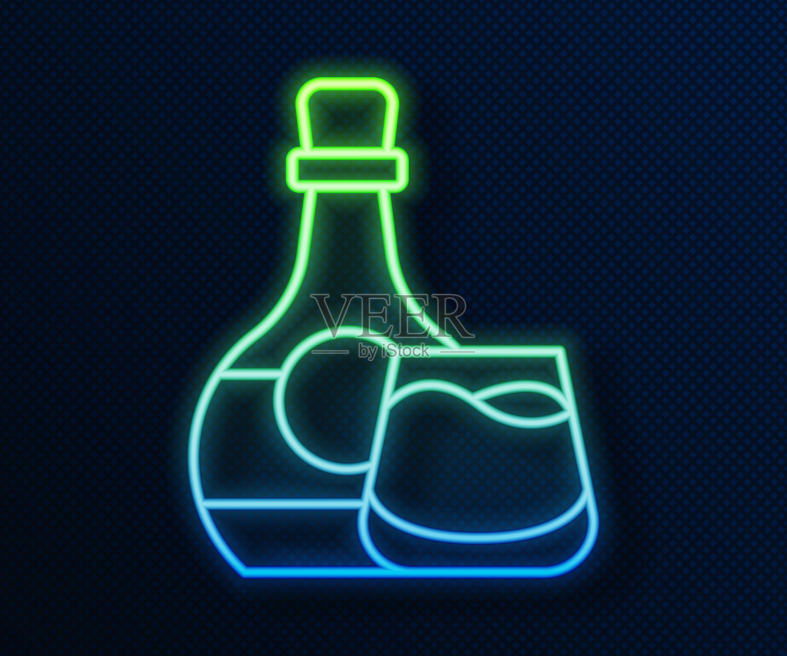 发光的霓虹灯线威士忌酒瓶和玻璃图标孤立在蓝色背景。向量插画图片素材