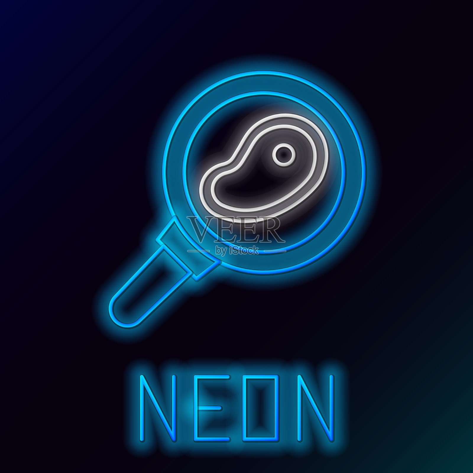 发光的霓虹灯线牛排肉在煎锅图标插画图片素材