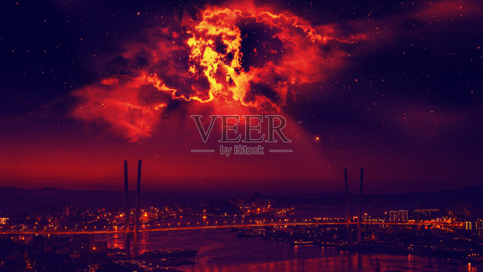 有星星和红色大星云的城市。照片摄影图片