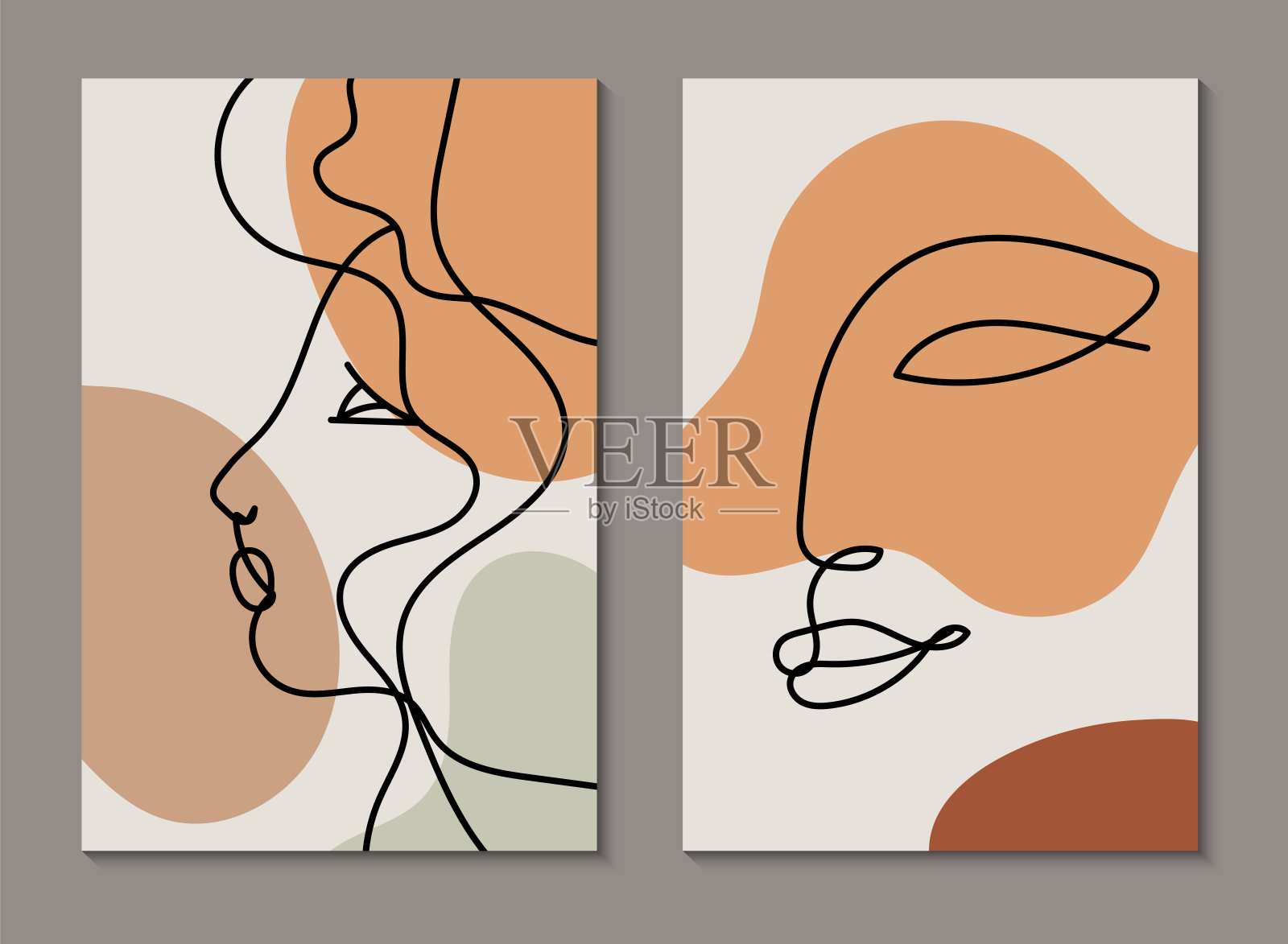 现代线条艺术的面孔。一组抽象的背景与最小的形状和线条。家居装饰设计。手绘水彩效果画形状和线条艺术的脸。当代那种波西米亚风格的设计。插画图片素材