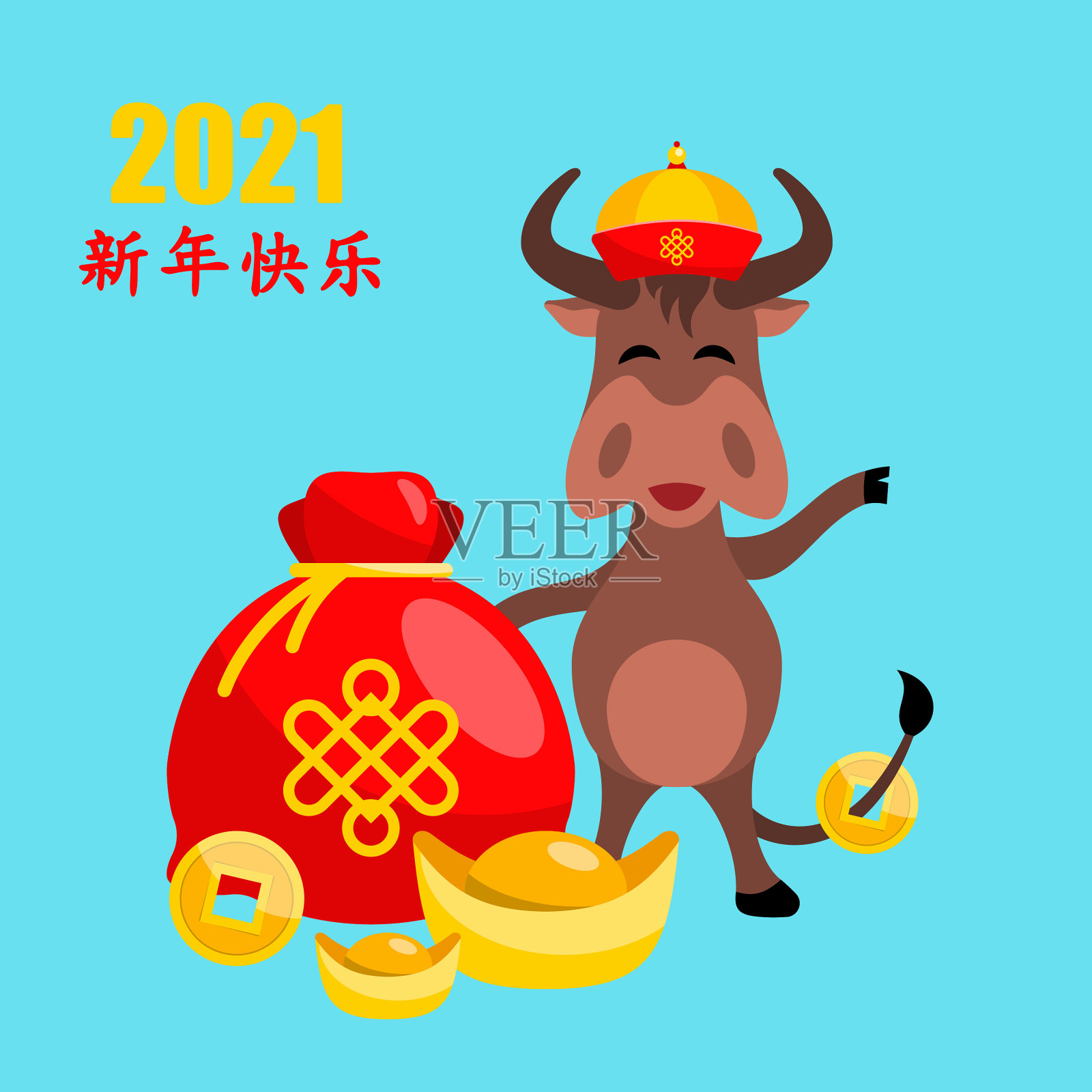 中国新年2021卡与牛翻译插画图片素材