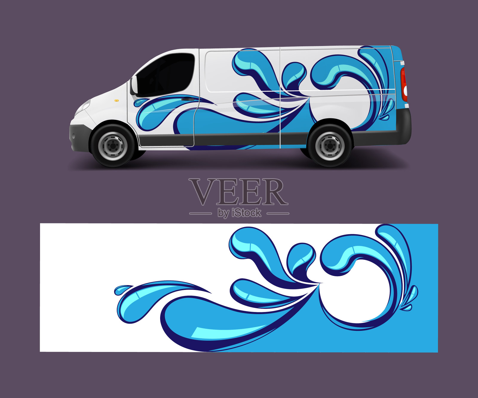 Van wrap设计模板与波浪形状的贴花插画图片素材