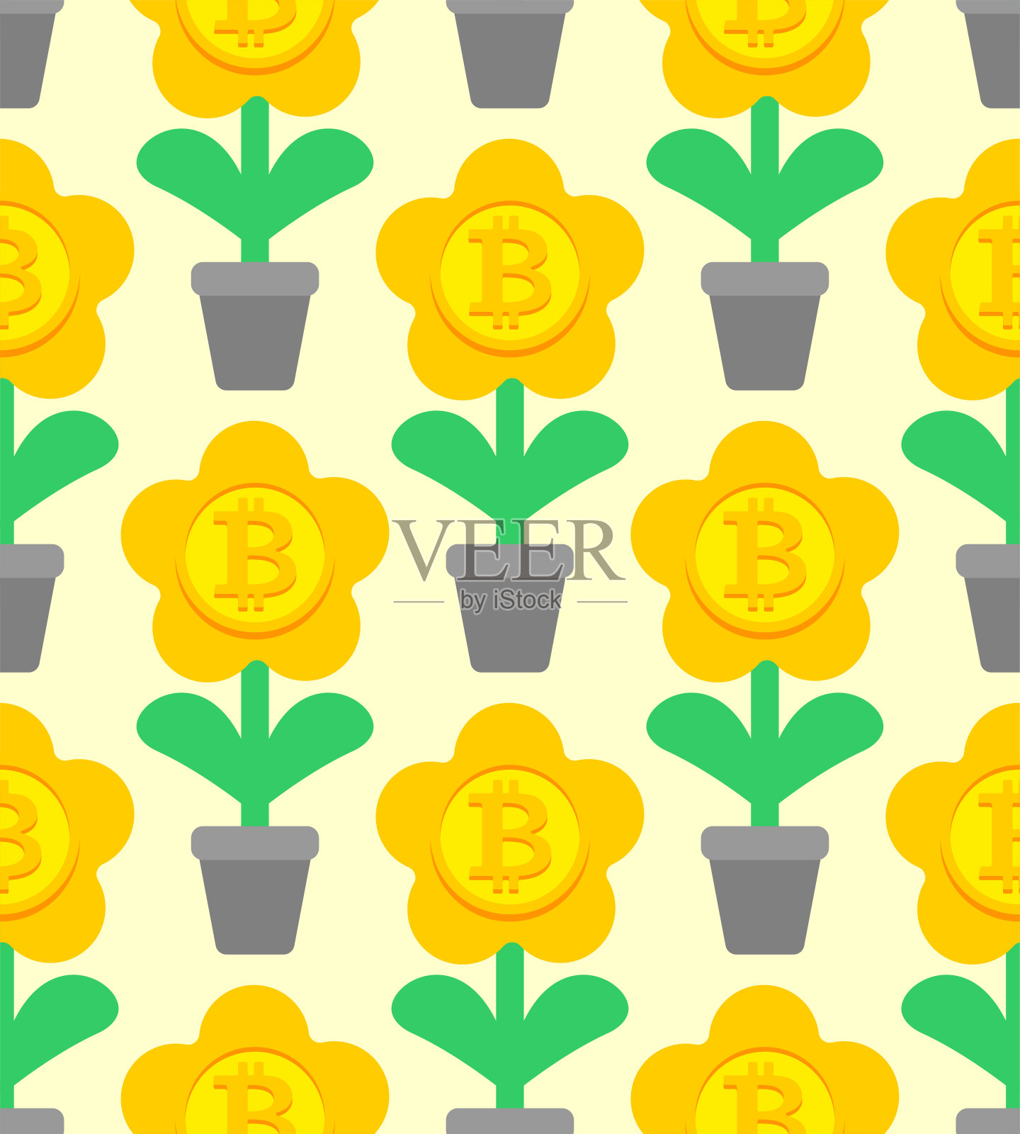 比特币在花盆模式无缝种植。Cryptocurrency花背景。插画图片素材