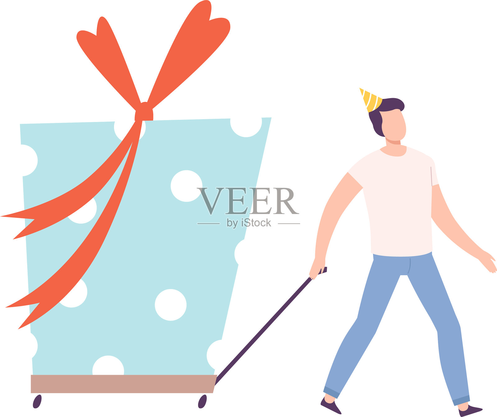 一个年轻人拉着手推车，里面装着一个巨大的小礼盒设计元素图片