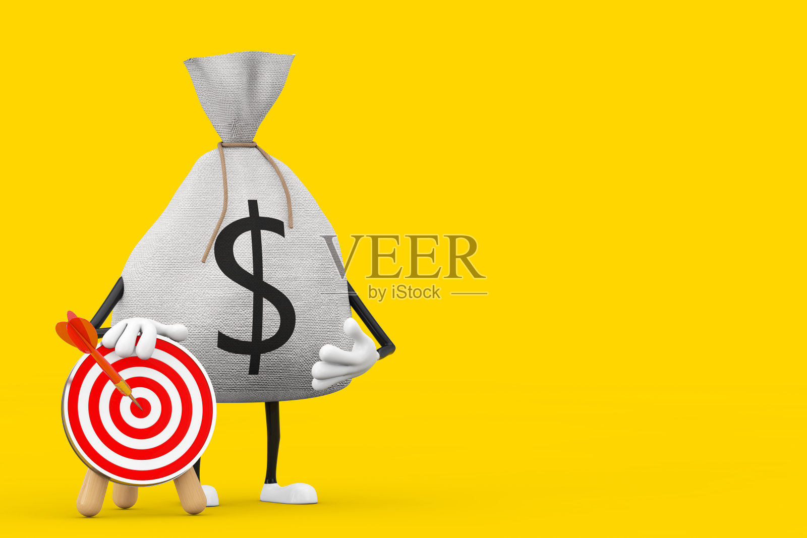 捆绑质朴帆布亚麻钱袋或钱袋和美元标志吉祥物角色与射箭目标和飞镖在中心。3d渲染照片摄影图片