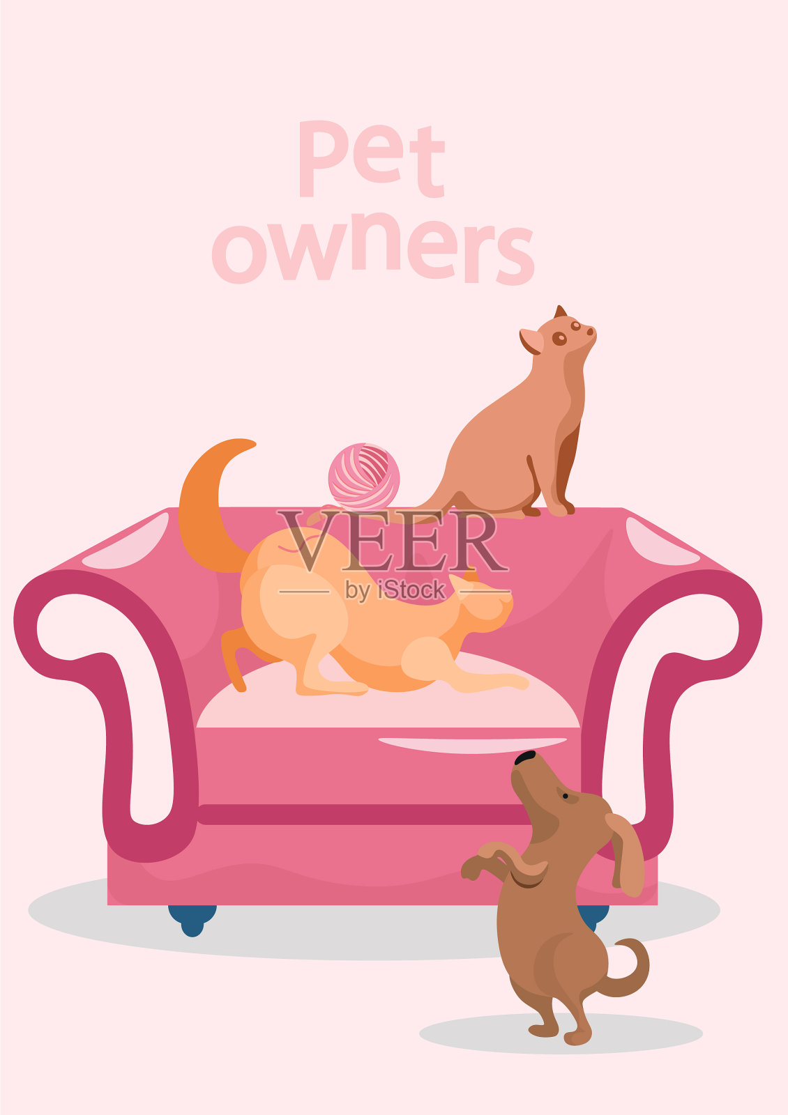 可爱的猫和狗靠近扶手椅和宠物插画图片素材