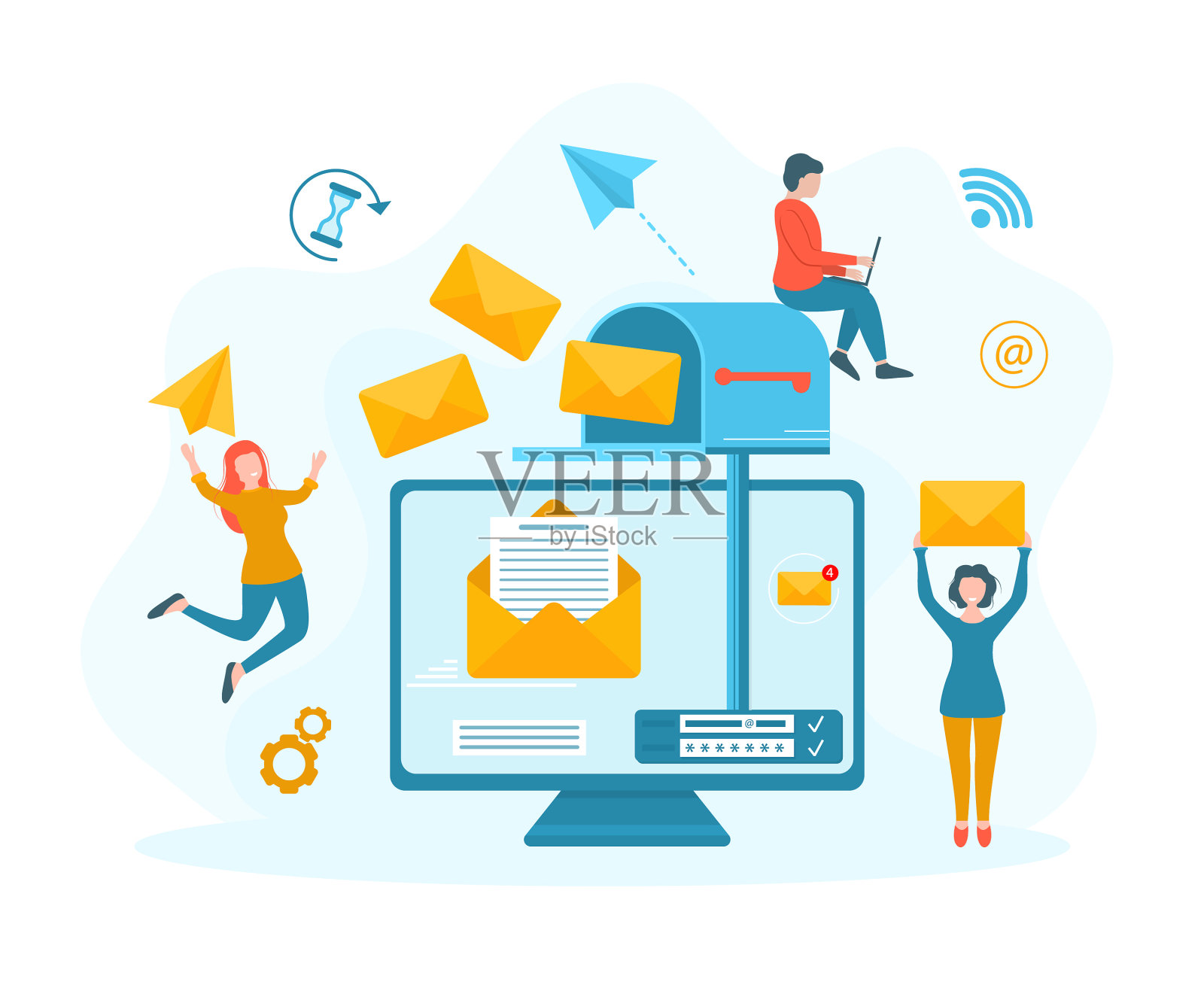 卡通色彩的人物和邮箱设计元素图片