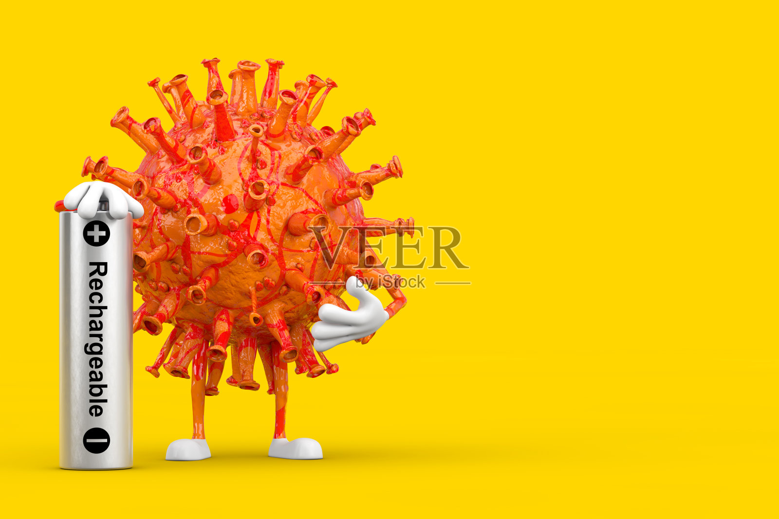 卡通新冠病毒吉祥物人物人物，可充电电池。3d渲染照片摄影图片