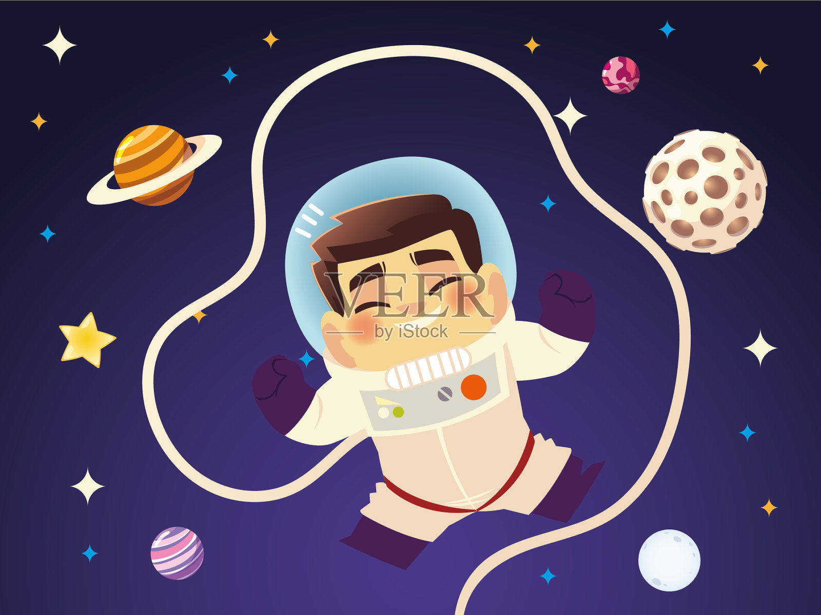 可爱的宇航员在太空与行星星系插画图片素材