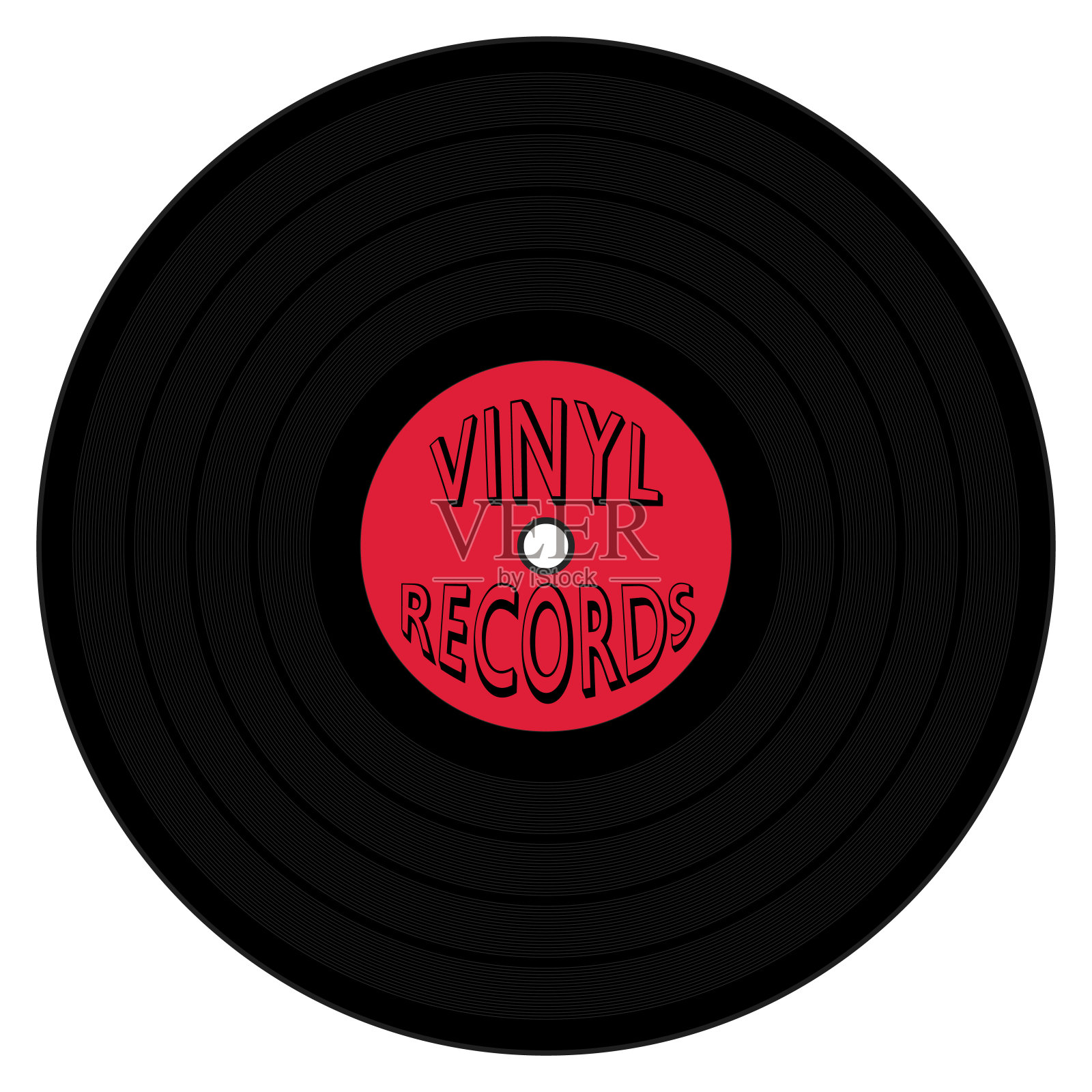 一种带有红色标签和黑胶唱片文本的LP图形插图，用作图标、标志或网页装饰设计元素图片