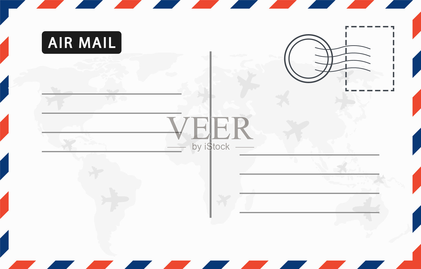 航空信封附邮票、邮票、飞机及世界地图。复古明信片与纸的纹理。老式明信片模板。邮政卡的设计。旅游明信片空白。矢量图插画图片素材