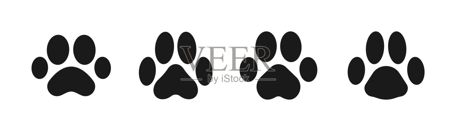 黑色动物脚印集。爪印的轮廓。动物(狗、猫)的爪印。矢量插图。插画图片素材