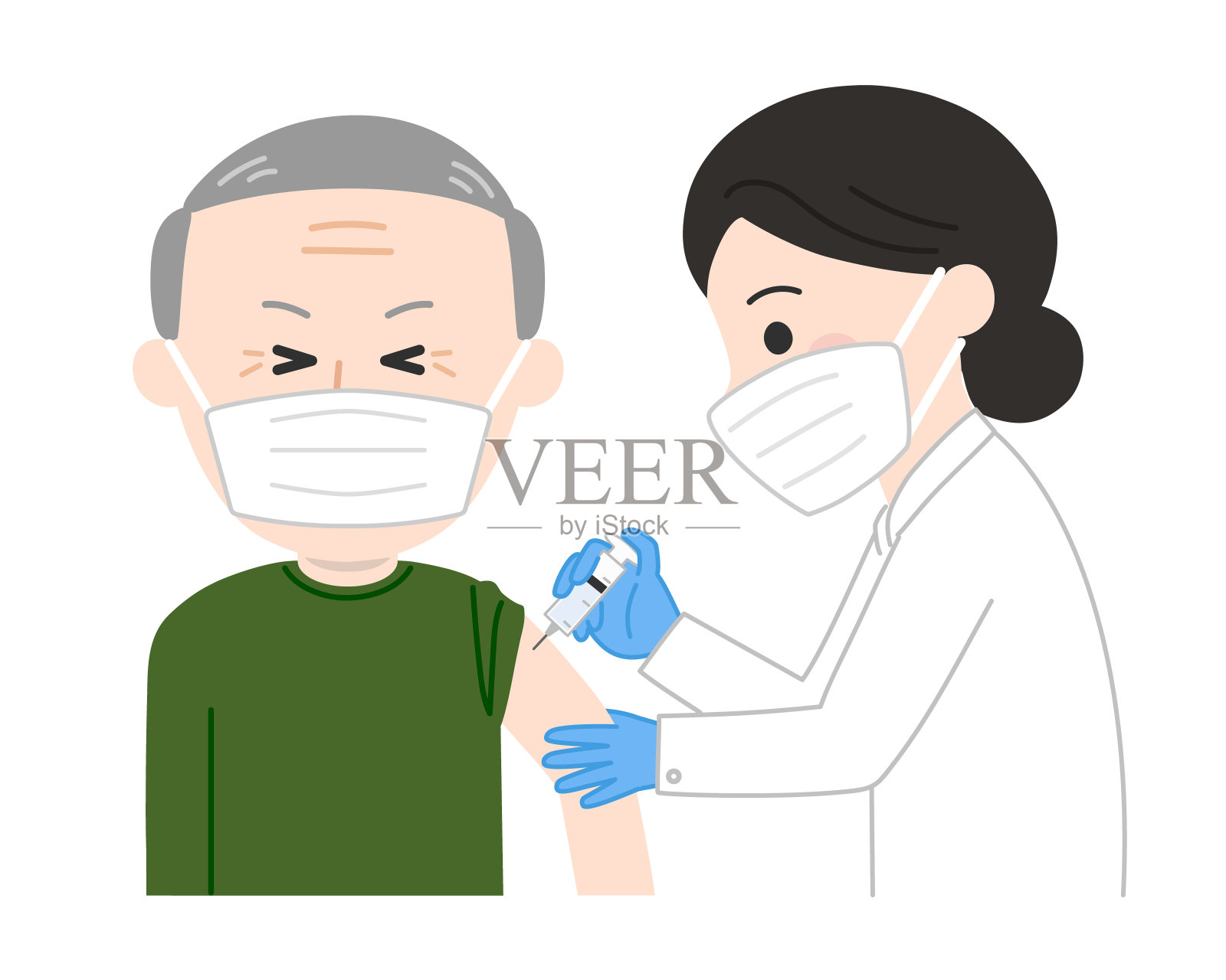 一位戴医用口罩的老人在接种疫苗时感到轻微的捏痛。插画图片素材