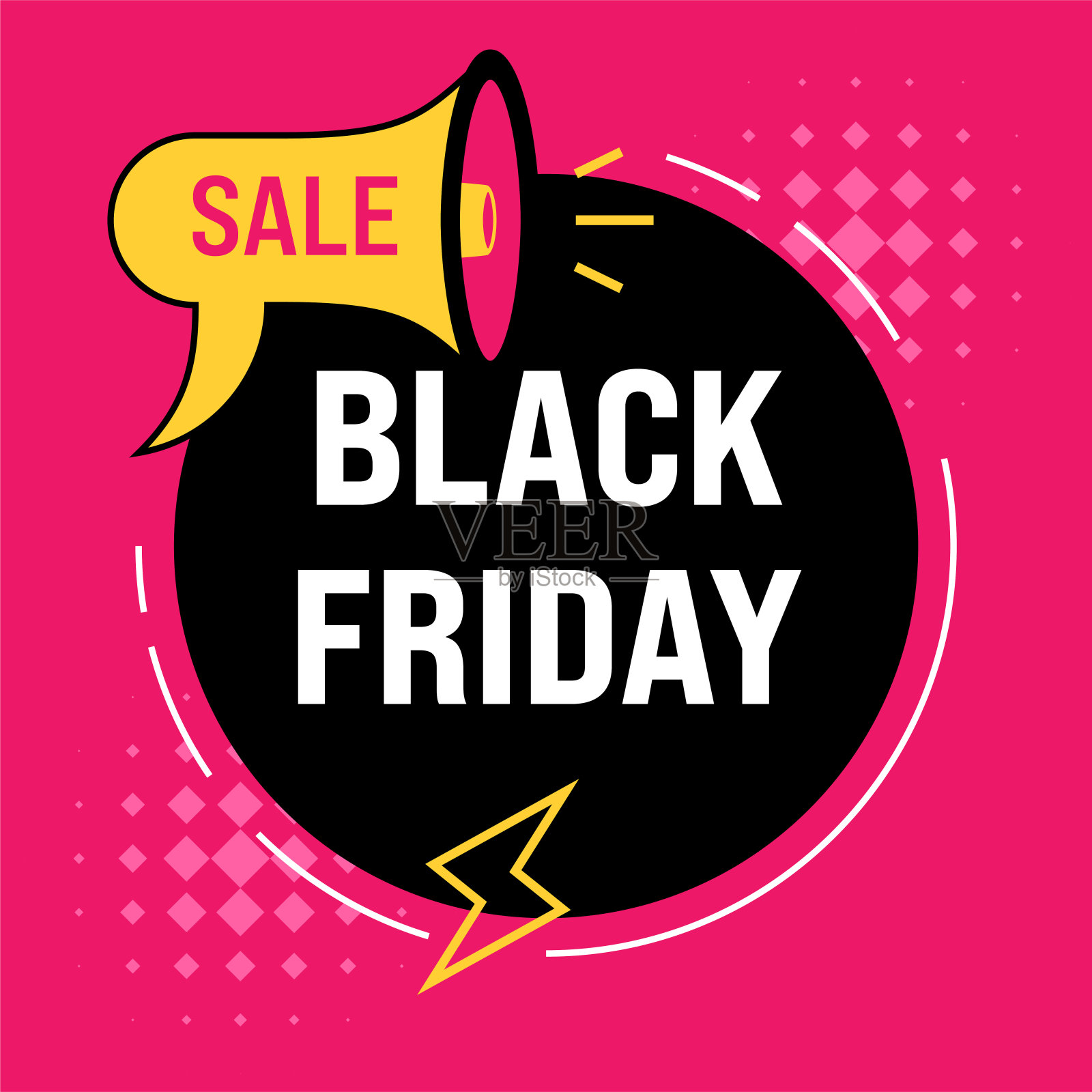 红色背景，配有扩音器和闪电设计元素图片