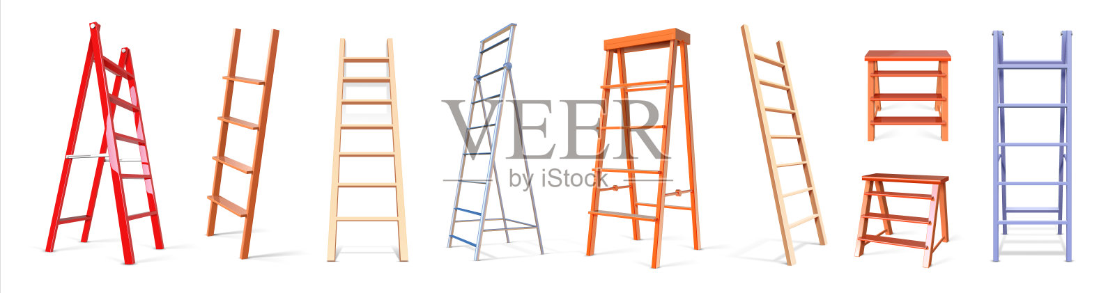 梯建设。逼真的木制和金属楼梯设备，3D梯子收集。用于攀登的独立垂直工具。有步骤地修理仪器。向量楼梯设置插画图片素材