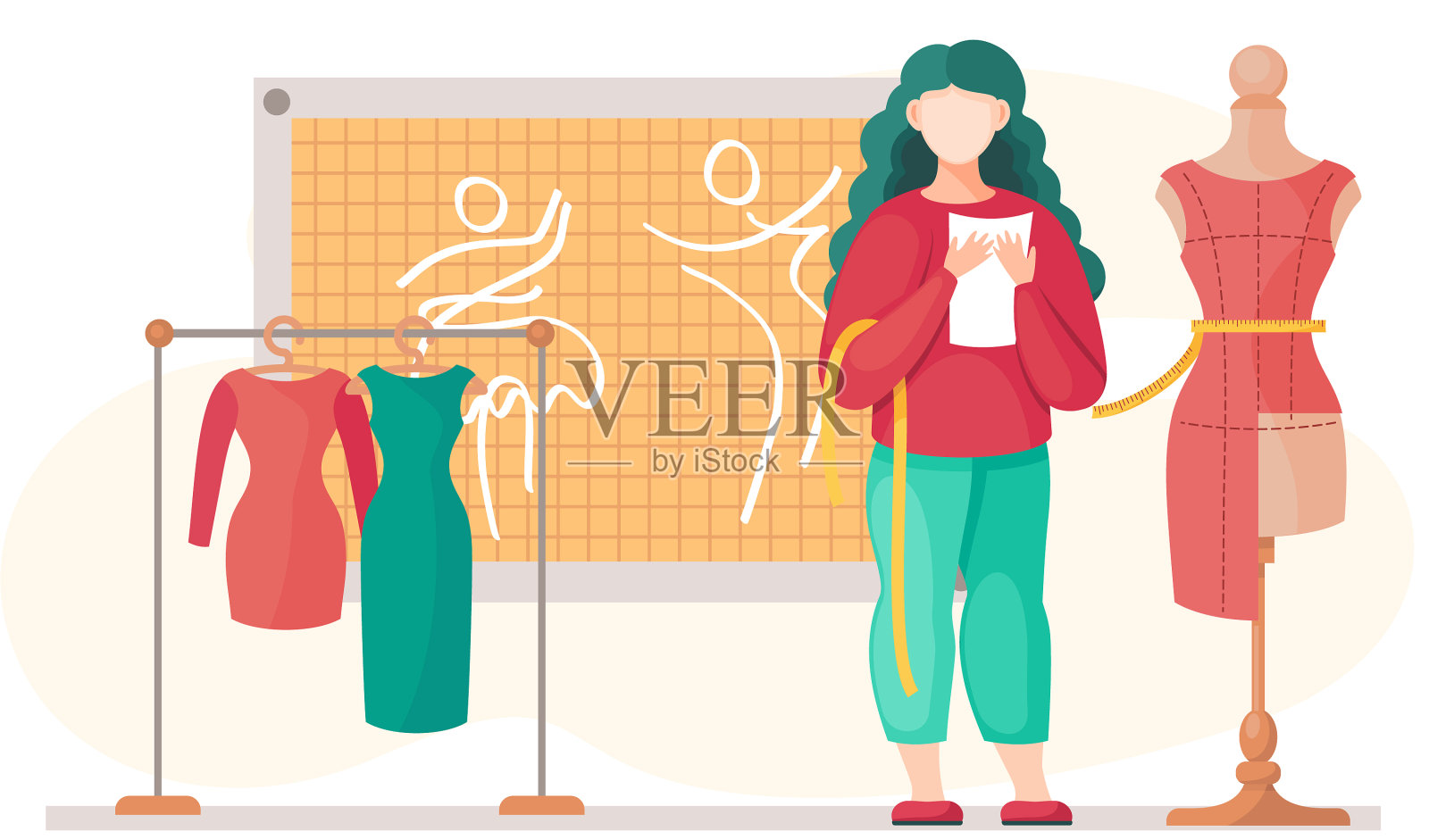 女人检查一个人体模型与红色纺织品设计元素图片