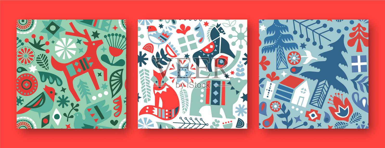 圣诞动物民俗图标无缝图案套装插画图片素材