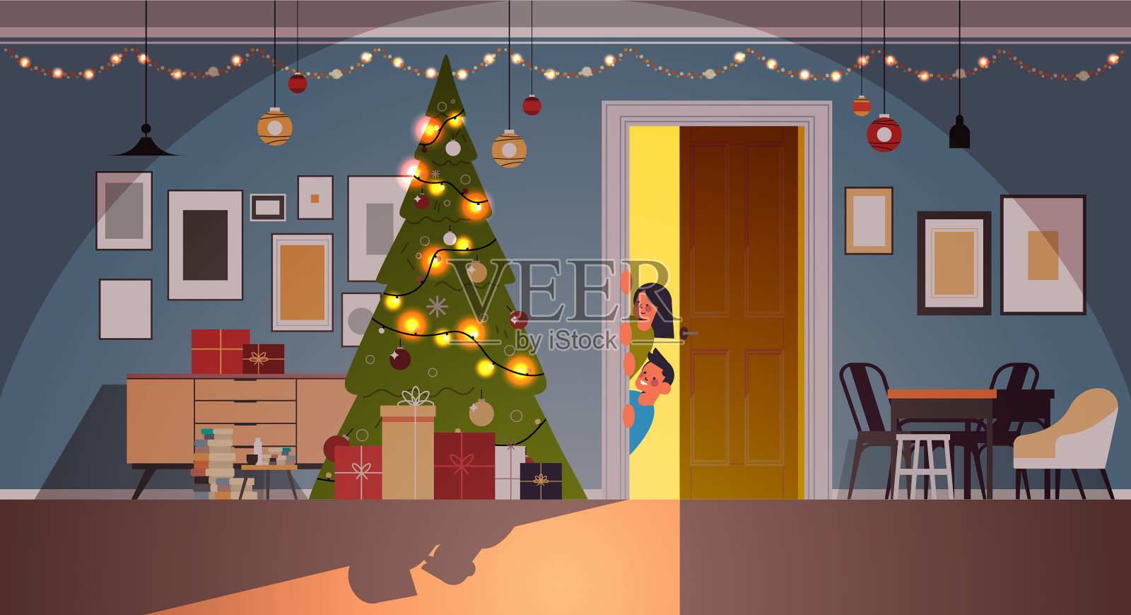 孩子们从门后的起居室偷看插画图片素材