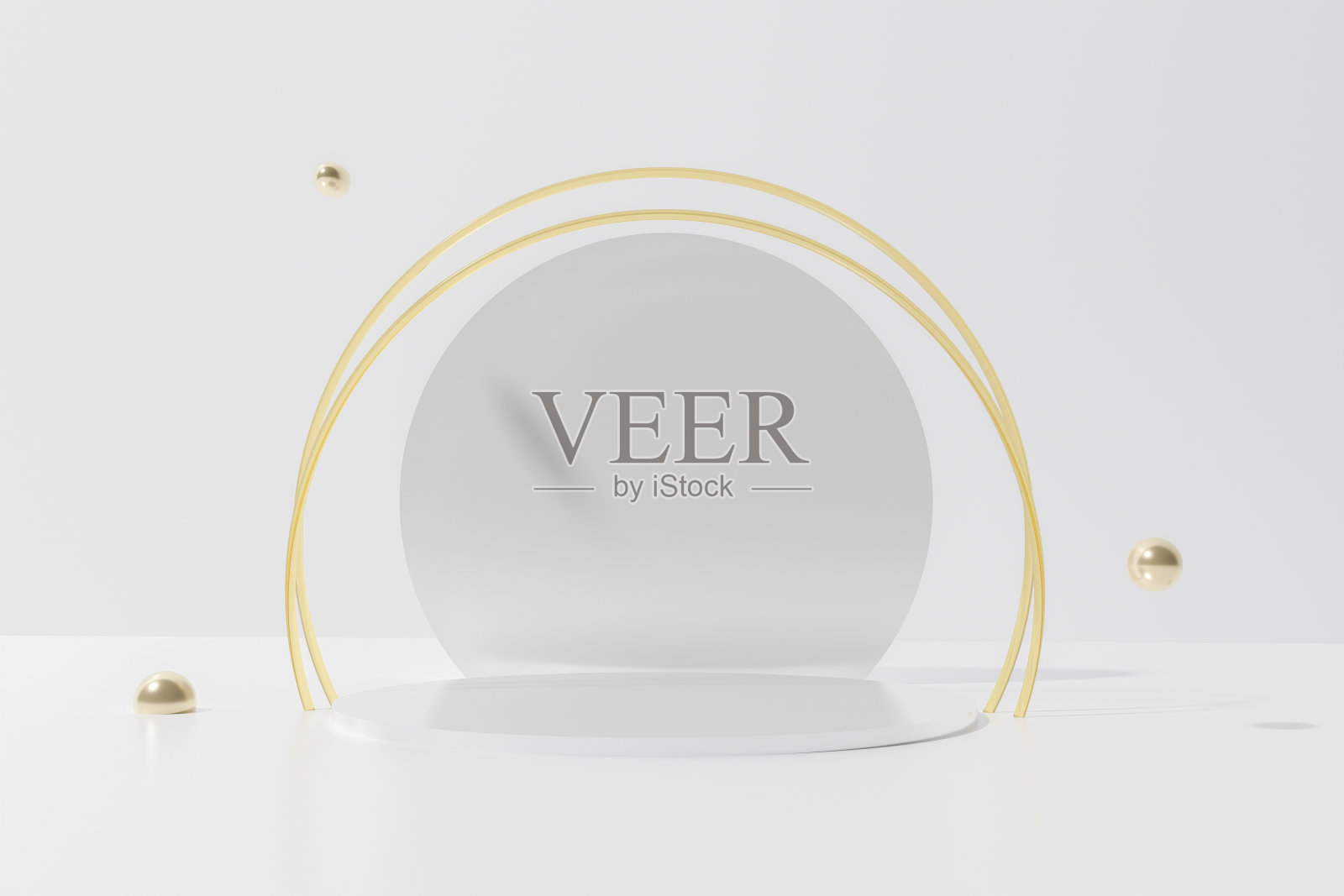 3d渲染白色圆形讲台与光泽的金色金属环和飞行的球照片摄影图片