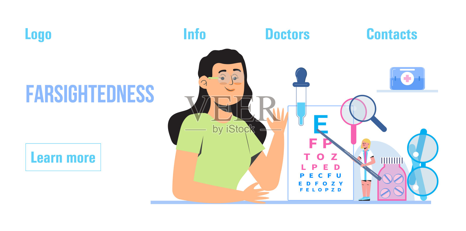 结膜炎概念向量。眼科医生为医疗保健旗帜的概念。青光眼治疗概念载体。医学眼科医生检查视力与微小的人。近视,远视插画图片素材