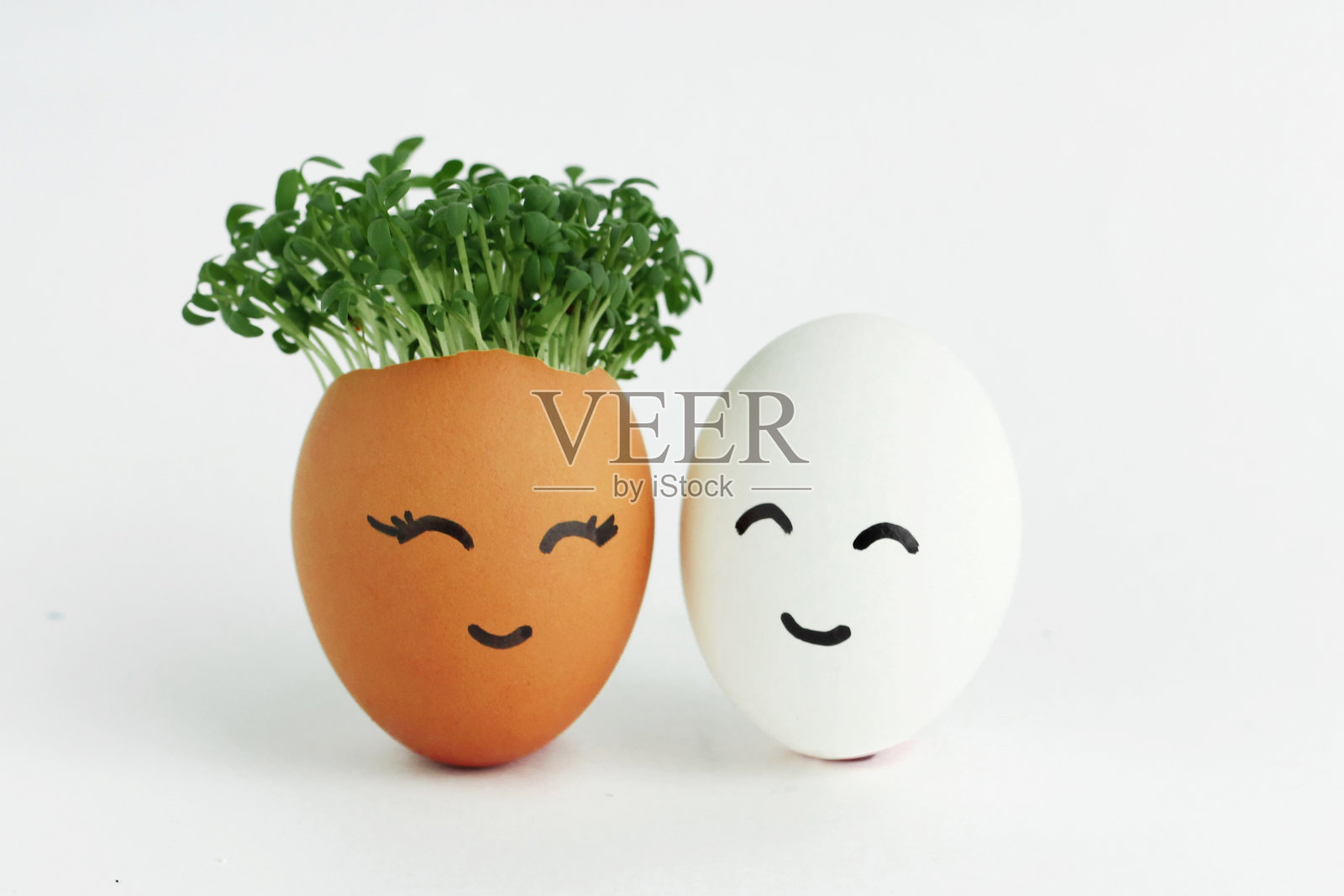 五颜六色的鸡蛋，其中一个里面有幼苗。可爱的脸被画在贝壳上。与一对不同国籍的恋人交往照片摄影图片